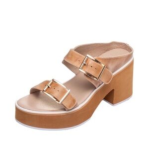 Antelope Camel Platform Sandals with Gold Buckles